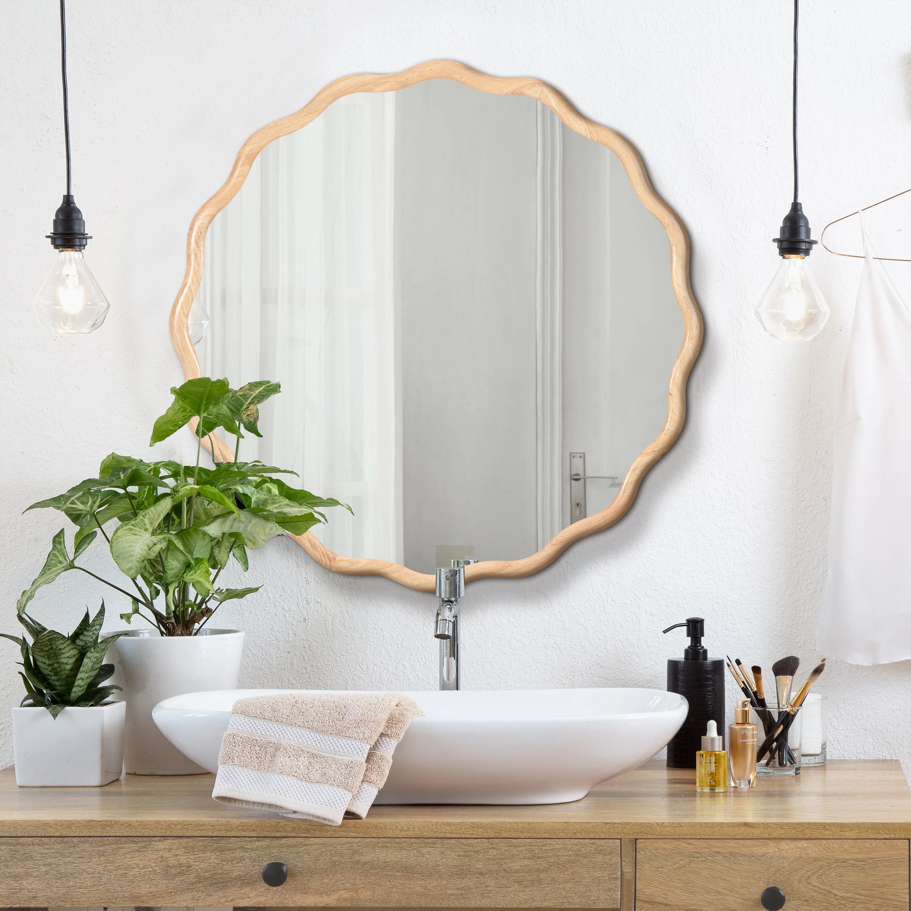 Solid Wood Wavy Mirror - Natural Wood Vanity Mirror Wall Decor