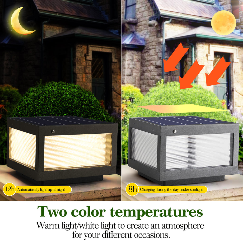 12inch Black Solar Powered LED Post Cap Light, Modern Outdoor LED Fence Light For Pathways, Decks, And Patios1-Pack