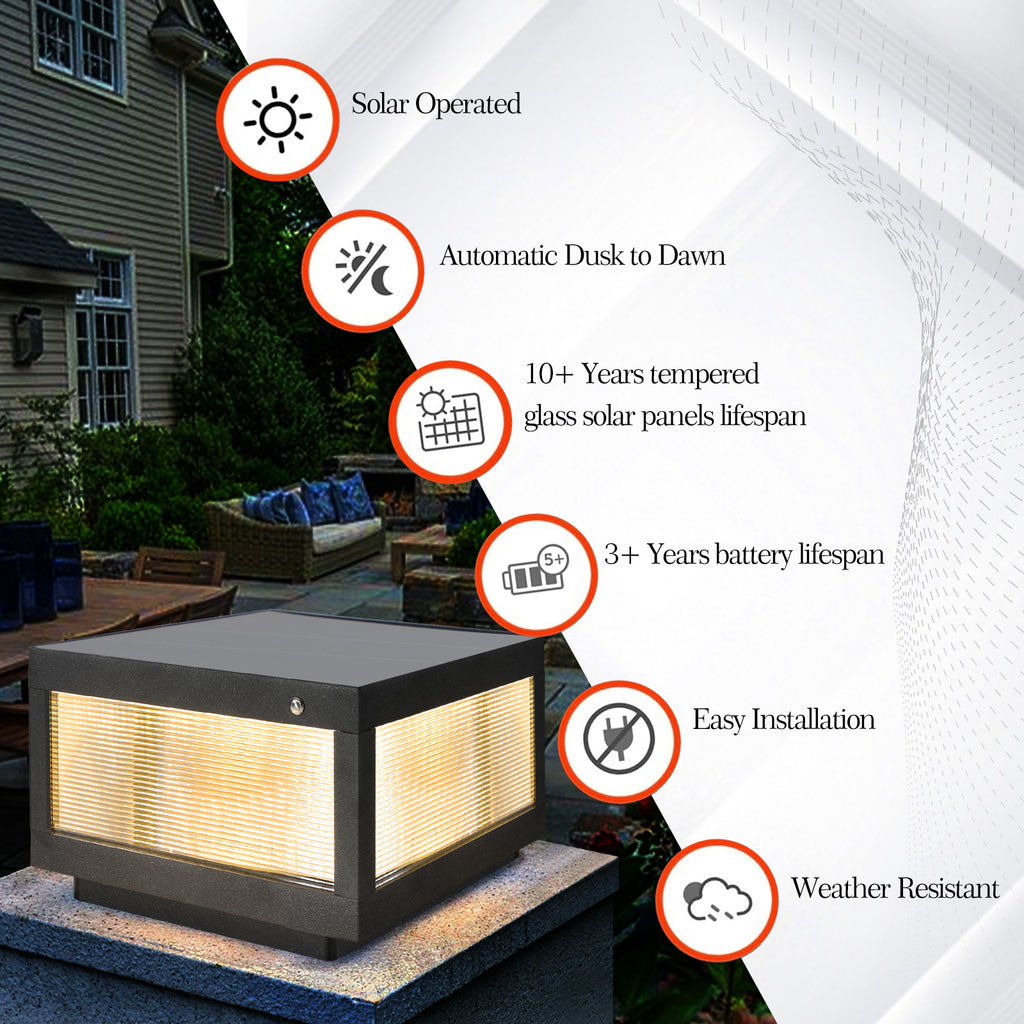 12inch Black Solar Powered LED Post Cap Light, Modern Outdoor LED Fence Light For Pathways, Decks, And Patios1-Pack