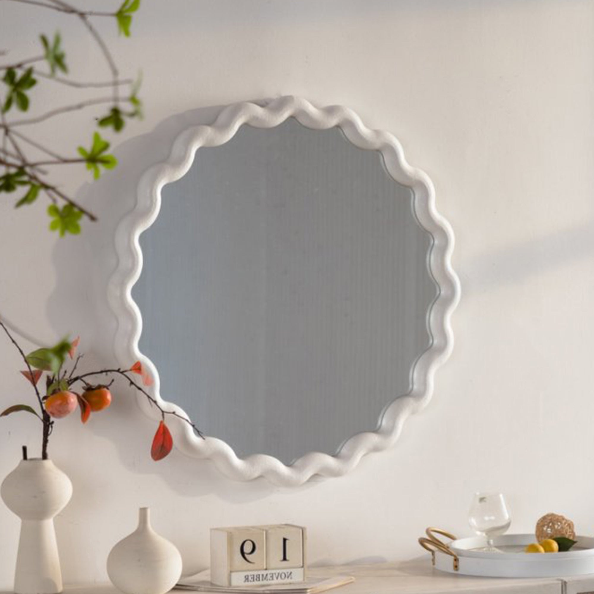 White Scalloped Round Wall Mirror, Wavy Frame For Living Room