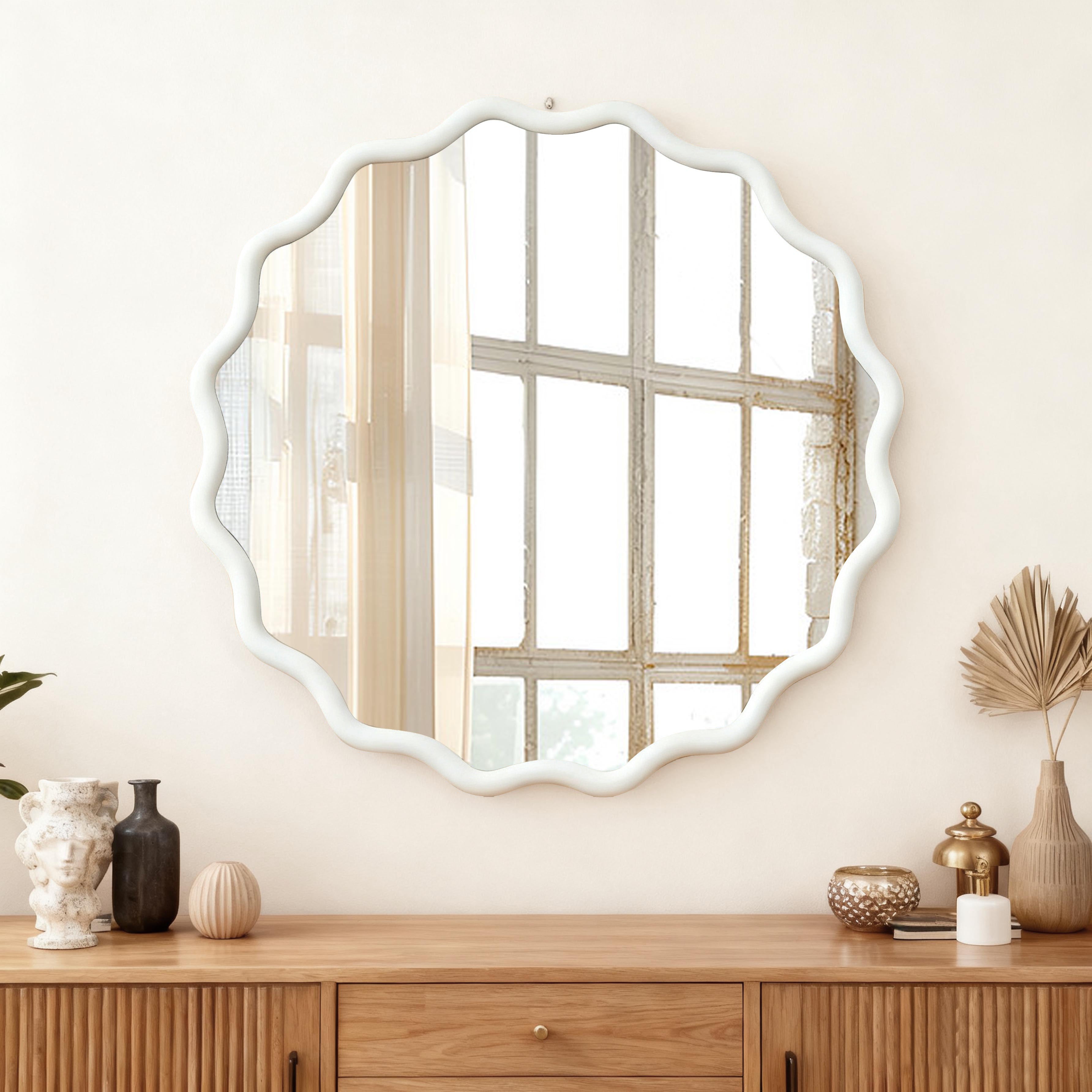 White 30 Inch Wavy Round Solid Wood Frame Decorative Mirror