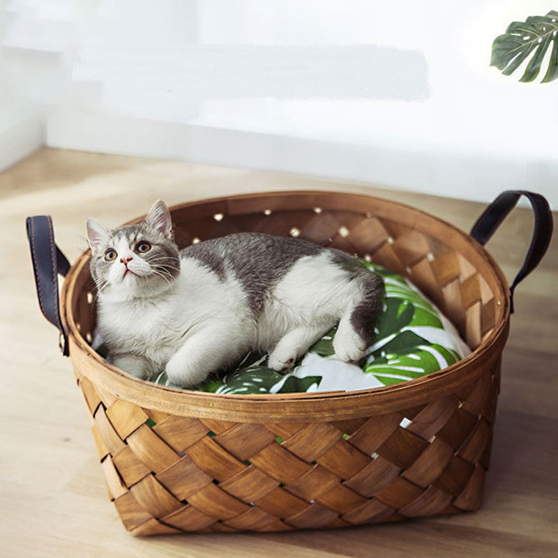 Bamboo Rattan Cat Bed House Kennel Nest