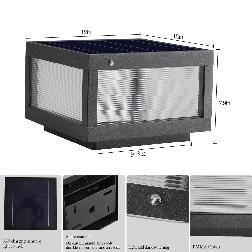 12inch Black Solar Powered LED Post Cap Light, Modern Outdoor LED Fence Light For Pathways, Decks, And Patios1-Pack
