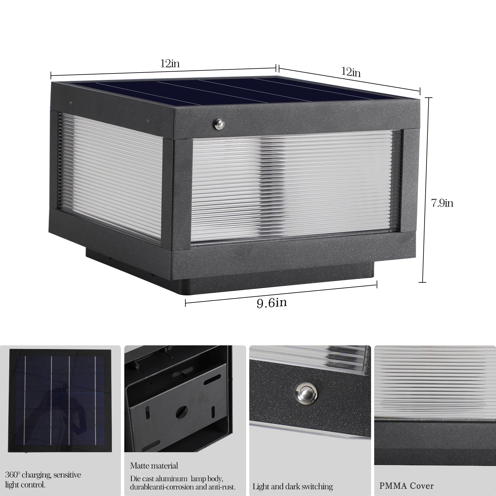 12inch Black Solar Powered LED Post Cap Light, Modern Outdoor LED Fence Light For Pathways, Decks, And Patios1-Pack