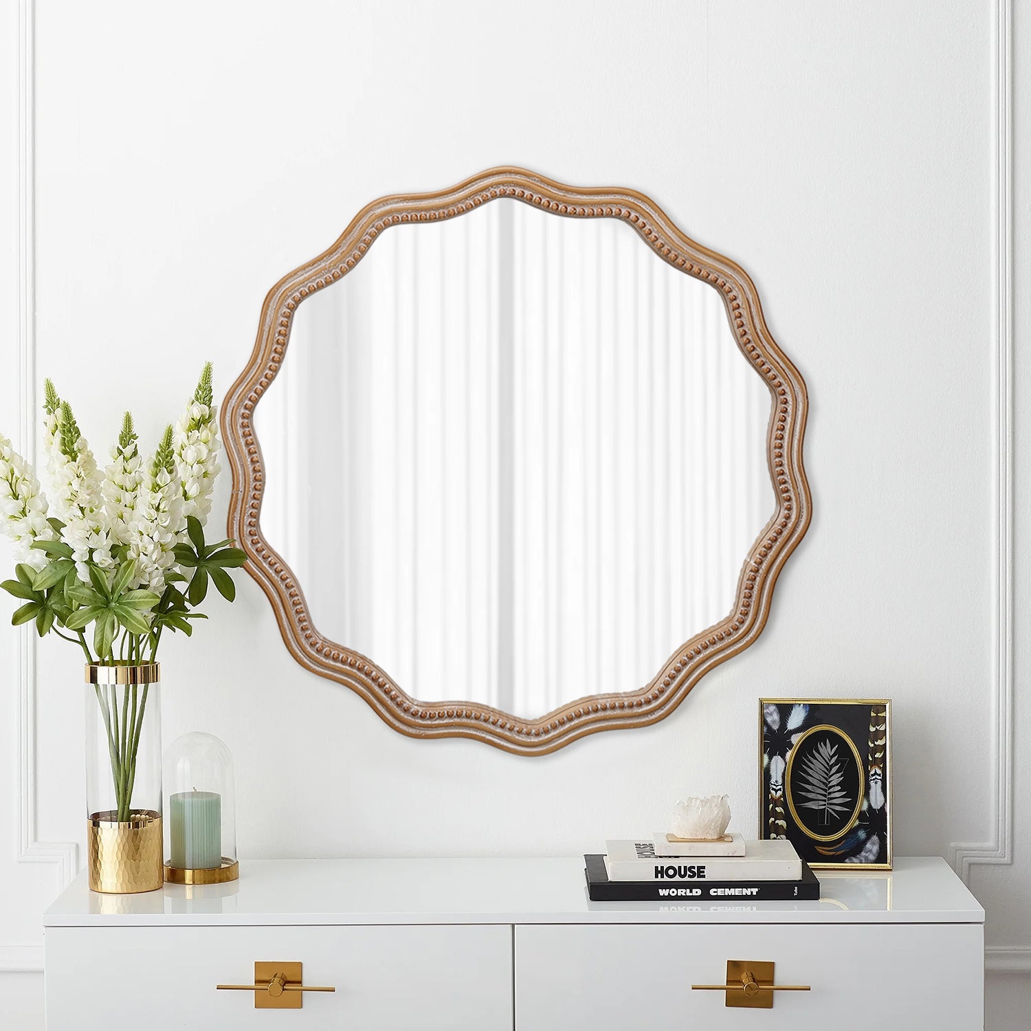 23.62 Inch Wood Round Wavy Scalloped Wall Mirror
