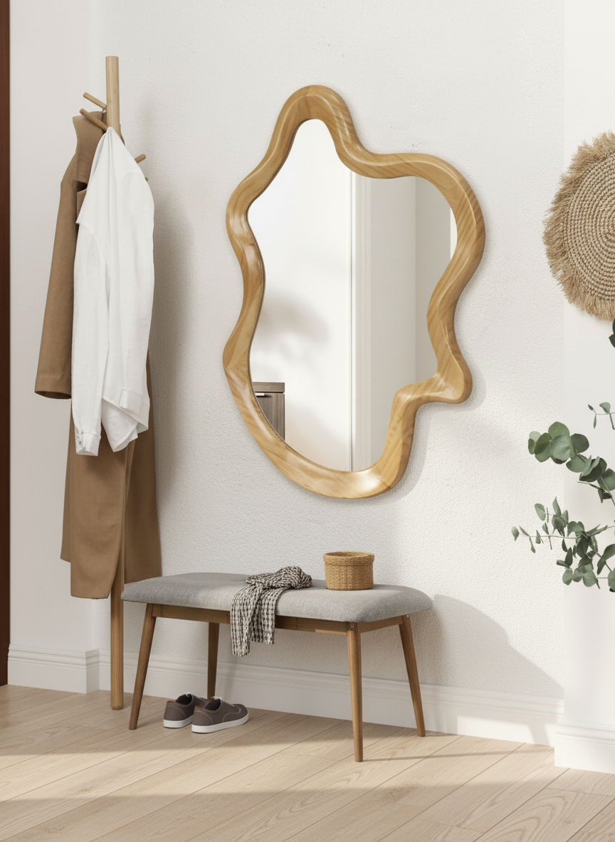 Irregular natural wood framed mirror in an entryway above a bench