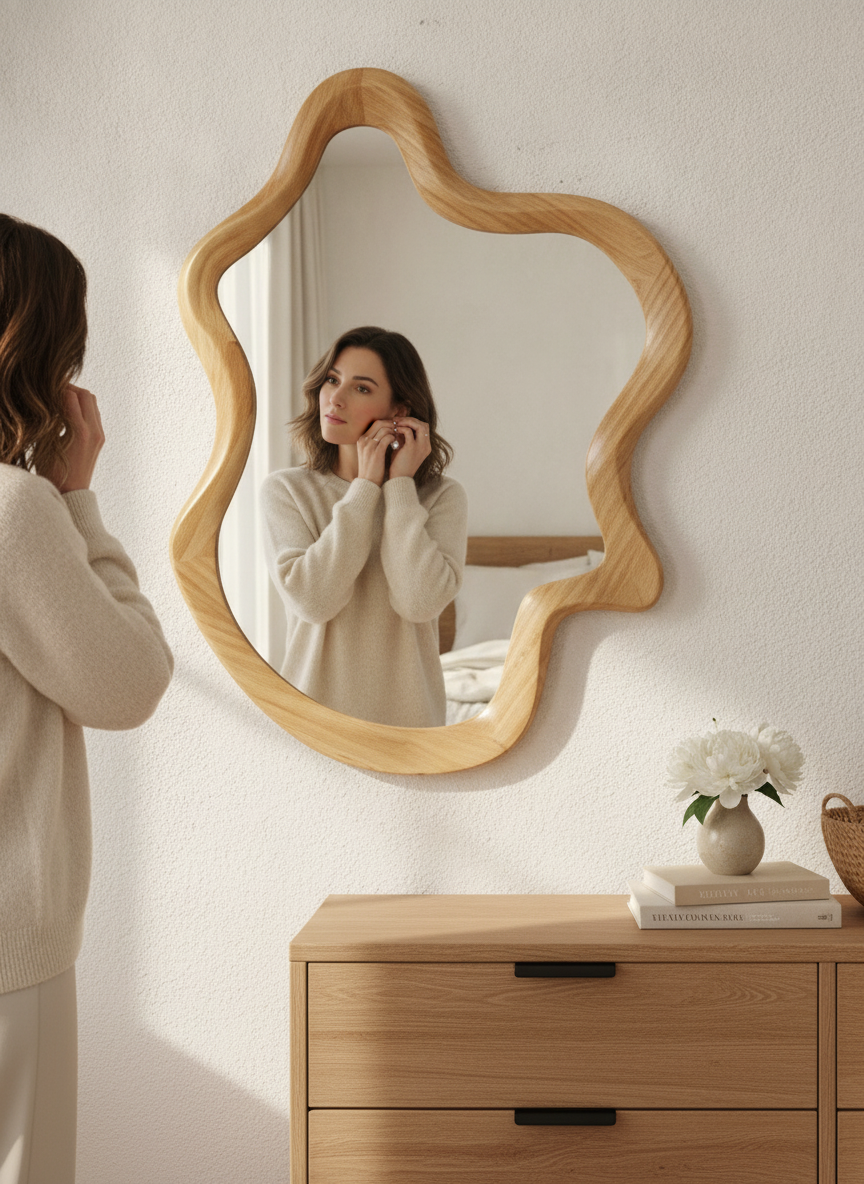 Irregular natural wood framed mirror in a bedroom