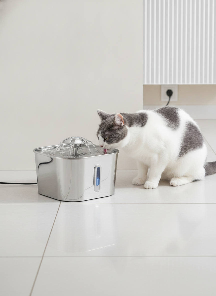 Cat drinking from the stainless steel pet water fountain on a kitchen floor