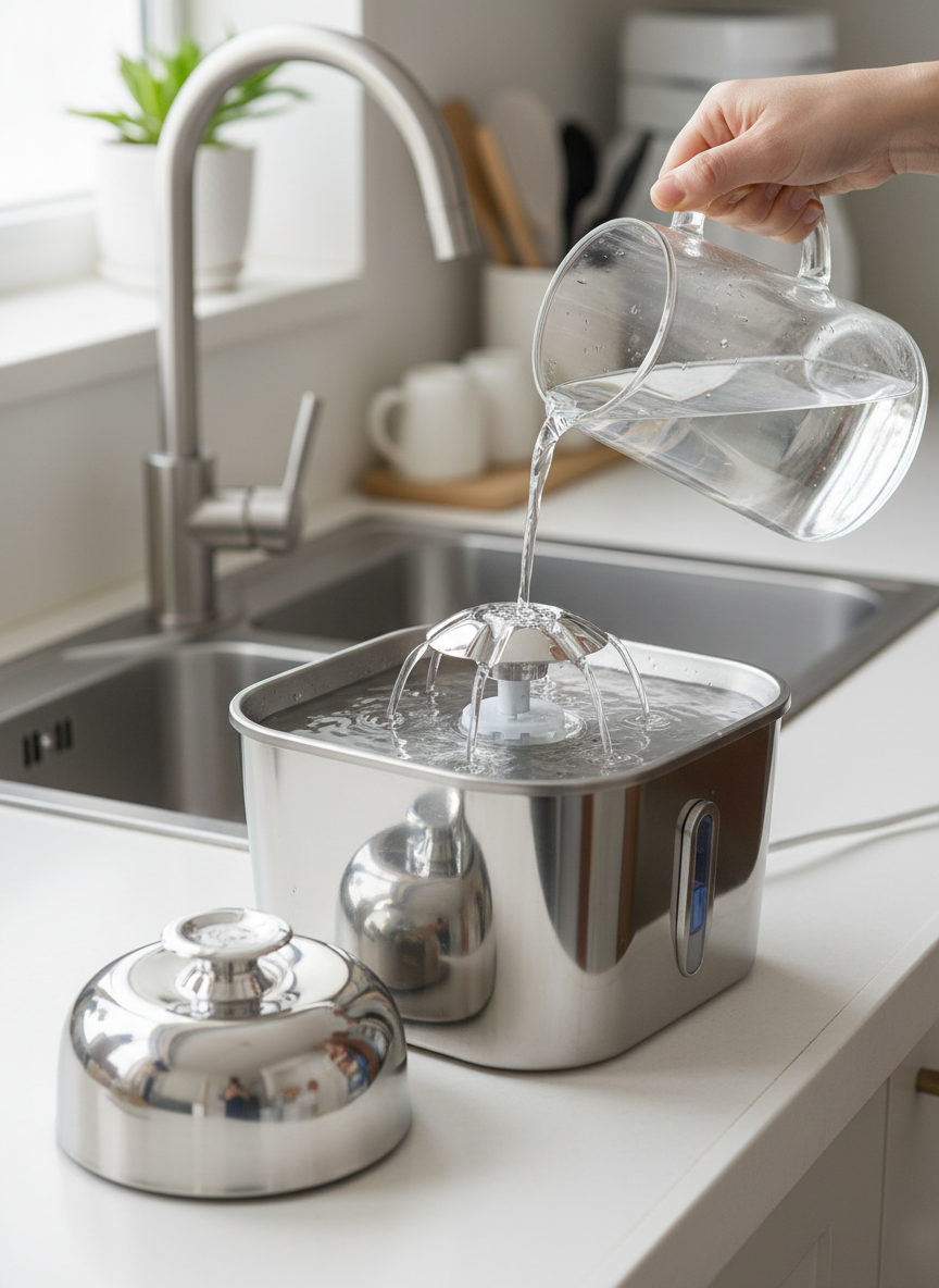 Water being poured into the open stainless steel fountain basin