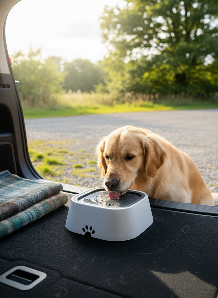 Dog drinking from the anti splash bowl in the back of a car
